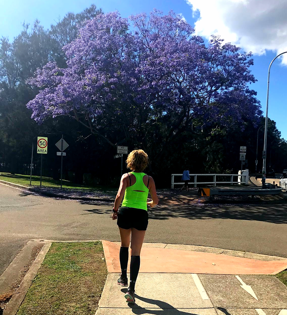 Hardlopen in Manly, paarse jacaranda